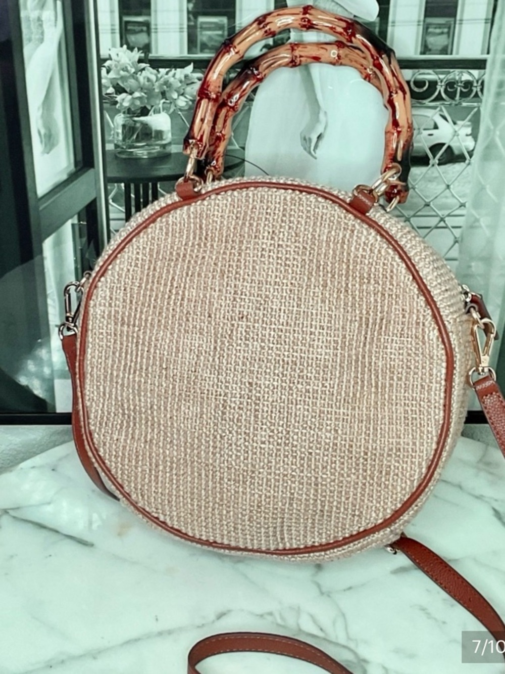 Chico's Round Woven Crossbody Bag in Natural and White with Brown Trim - Picture 2 of 8